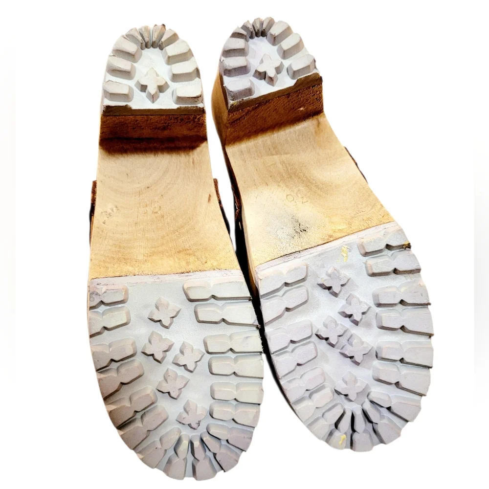 MIA Sweden ELSA Leather Heeled Clogs Mules In Luggage Brown Braided Detail 8 - Picture 9 of 14